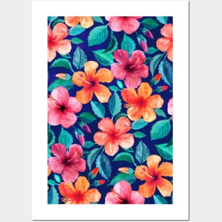 Colorful Watercolor Hibiscus on Indigo Blue Posters and Art